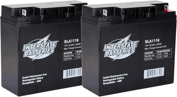 Interstate Batteries 12V 18Ah Battery (2-Count) (Nut & Bolt Terminal) SLA AGM VRLA Rechargeable Replacement for Solar Power, Generators, Medical Devices, Fences (SLA1116)