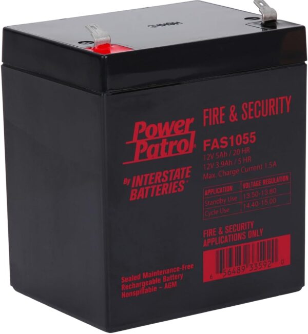 Interstate Batteries 12V 5Ah Fire & Security Battery - F1 Terminal, SLA AGM VRLA Power Patrol, Rechargeable Replacement for Fire Alarms, Locks, Security Systems (FAS1055)