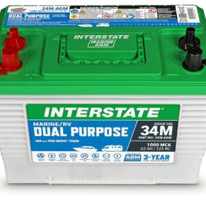 Interstate Batteries Marine/RV Battery 12V 62Ah 800CCA (34M-AGM) Dual Purpose Power Pure Lead AGM RV & Marine Starting Replacement Battery (Group Size 34M) Boats, RV's