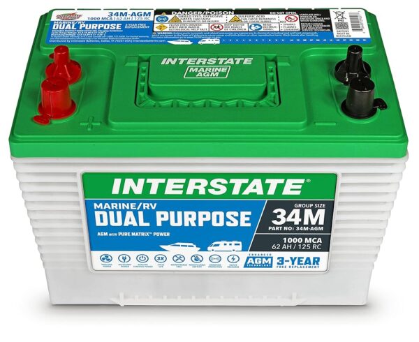 Interstate Batteries Marine/RV Battery 12V 62Ah 800CCA (34M-AGM) Dual Purpose Power Pure Lead AGM RV & Marine Starting Replacement Battery (Group Size 34M) Boats, RV's