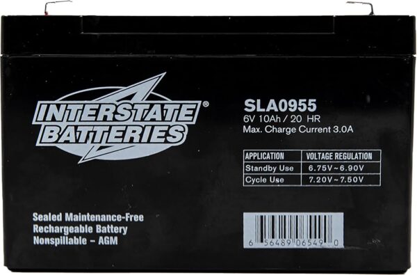 Interstate Batteries Power Patrol 6V 10Ah Battery (SLA0955) Sealed Lead Acid Rechargeable SLA AGM (F1 Terminal) UPS Power Solutions, Fire & Security Systems, Emergency Lighting