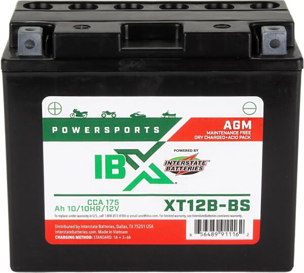 Interstate Batteries YT12B-BS 12V 10Ah Powersports Battery 175CCA AGM Rechargeable Replacement for Ducati, Triumph, Yamaha, Motorcycles, Scooters (XT12B-BS)