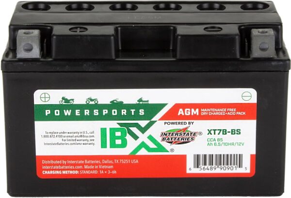 Interstate Batteries YT7B-BS 12V 6.5Ah Powersports Battery 85CCA AGM Rechargeable Replacement for Ducati, Suzuki, Yamaha, Motorcycles, Scooters, ATVs, Bikes (XT7B-BS)