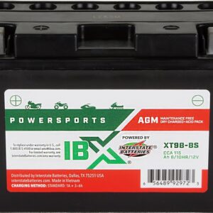 Interstate Batteries YT9B-BS 12V 8Ah Powersports Battery 115CCA AGM Rechargeable Replacement Battery for Yamaha, ATVs, Motorcycles, Scooters, Bikes (XT9B-BS)