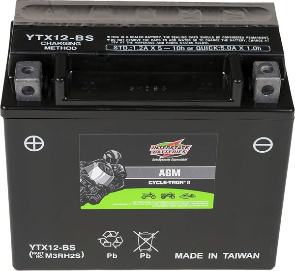 Interstate Batteries YTX12-BS 12V 10Ah Powersports Battery 180CCA AGM Rechargeable Replacement for Honda, Kawasaki, Suzuki Motorcycles, Scooters, Bikes, ATVs, UTVs (CYTX12-BS)