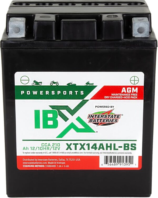 Interstate Batteries YTX14AHL-BS 12V 12Ah Powersports Battery 210CCA AGM Rechargeable Replacement Battery for Motorcycles, Snowmobiles, Jet Skis, Scooters, ATVs (XTX14AHL-BS)