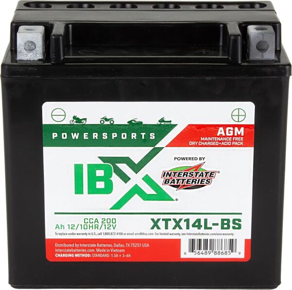 Interstate Batteries YTX14L-BS 12V 12Ah Powersports Battery 200CCA AGM Rechargeable Replacement Battery for Harley-Davidson Motorcycles (XTX14L-BS)