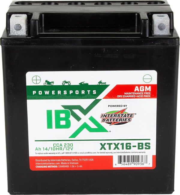 Interstate Batteries YTX16-BS 12V 14Ah Powersports Battery 230CCA AGM Rechargeable Replacement for ATVs, Motorcycles, Scooters (XTX16-BS)