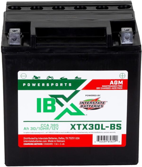 Interstate Batteries YTX30L-BS 12V 30Ah Powersports Battery 385CCA AGM Rechargeable Replacement Battery for Motorcycles, ATVs, UTVs, Snowmobiles (XTX30L-BS)