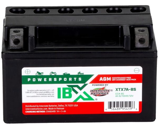 Interstate Batteries YTX7A-BS 12V 6Ah Powersports Battery 90CCA AGM Rechargeable Replacement Battery for Kasea, Aprilia, Kymco, ATVs, Motorcycles, Scooters (XTX7A-BS)