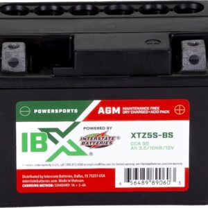 Interstate Batteries YTZ5S-BS 12V 3.5Ah Powersports Battery 50CCA AGM Rechargeable Replacement for BRP, Honda, KTM Dirt Bikes, Motorcycles, ATVs, Scooters (XTZ5S-BS)