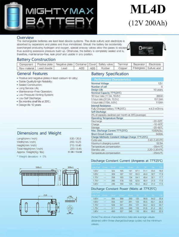 ML4D -12 Volt 200 AH, Internal Thread (INT) Terminal, Rechargeable SLA AGM Battery - Image 6