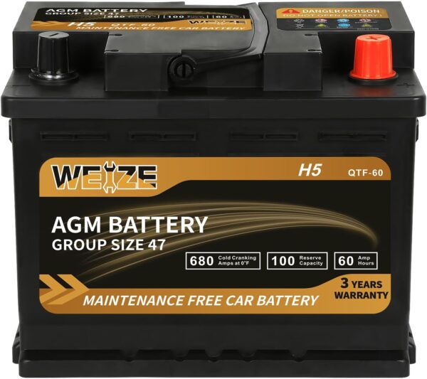 WEIZE Wise Series Group 47 AGM Car Battery - 12V 60Ah H5 Automotive Replacement Battery - Image 4