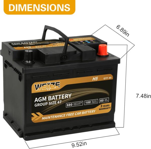 WEIZE Wise Series Group 47 AGM Car Battery - 12V 60Ah H5 Automotive Replacement Battery - Image 2