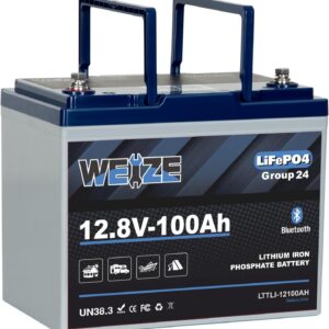 WEIZE 12V 100Ah Bluetooth LiFePO4 Lithium Battery, Group 24 Deep Cycle Battery