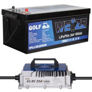 WEIZE 36V 105Ah LiFePO4 Golf Cart Battery: 4032Wh Bluetooth Lithium, 8000+ Cycles, 200A BMS, 10-Year Warranty, Includes Charger