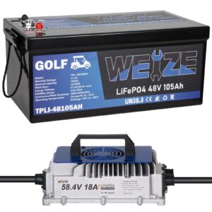 WEIZE 48V 105Ah LiFePO4 Golf Cart Battery: 5376Wh Bluetooth Lithium, 8000+ Cycles, 200A BMS, 10-Year Warranty, Includes Charger